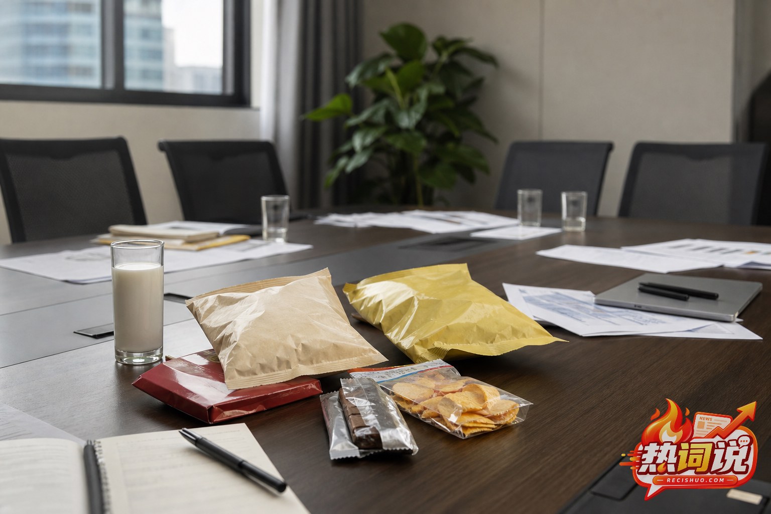 摆放无品牌零食样品和经营资料的企业会议桌