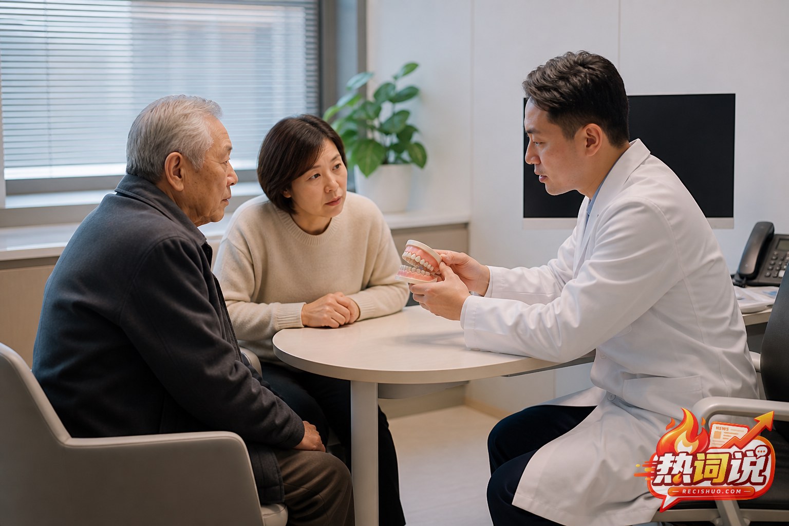 老年患者与家属在口腔医院咨询室听医生讲解牙科治疗方案