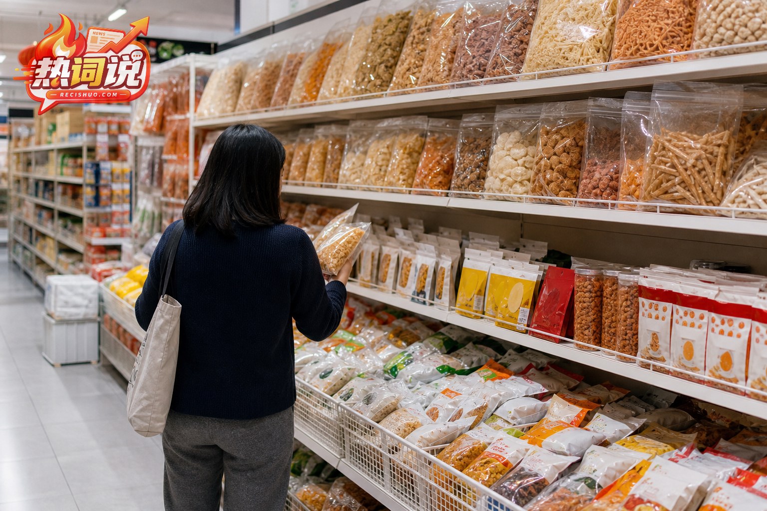 消费者在超市货架前挑选不同类型的无品牌零食
