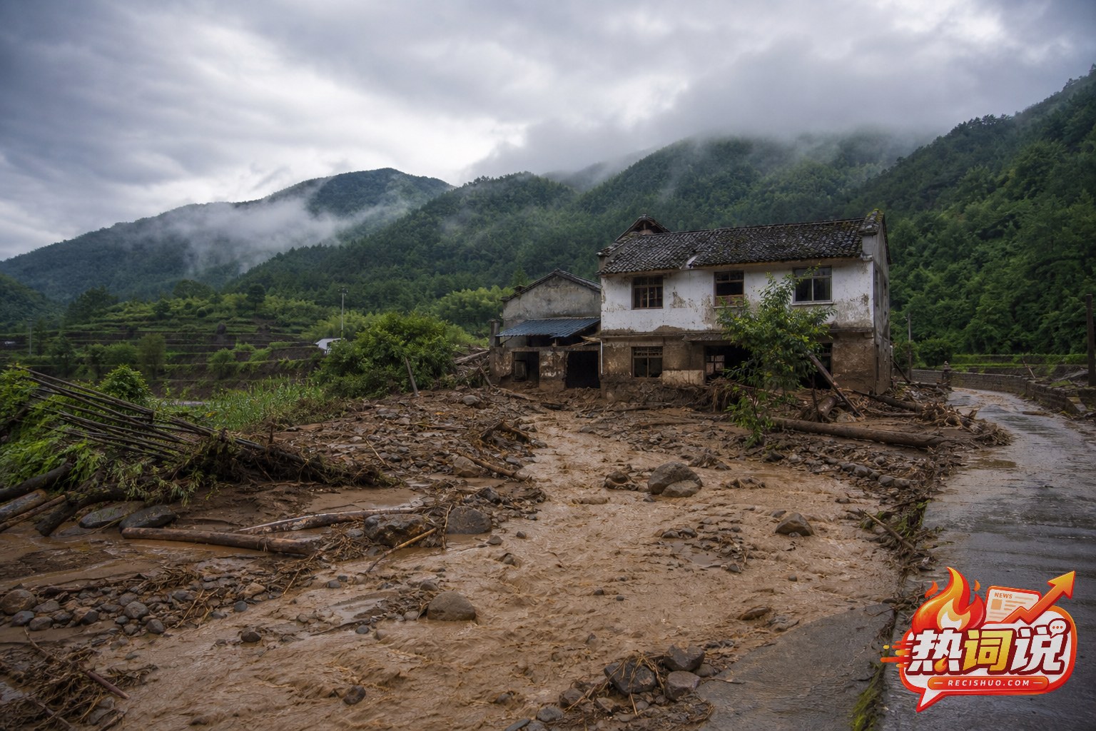 暴雨过后山区村庄房屋周边留有泥水、石块和树枝的灾害环境示意图