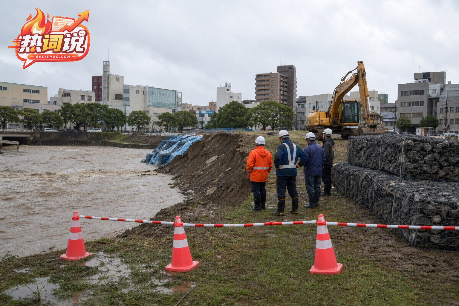 抢险人员在河道堤坝受损区域勘察并准备加固作业