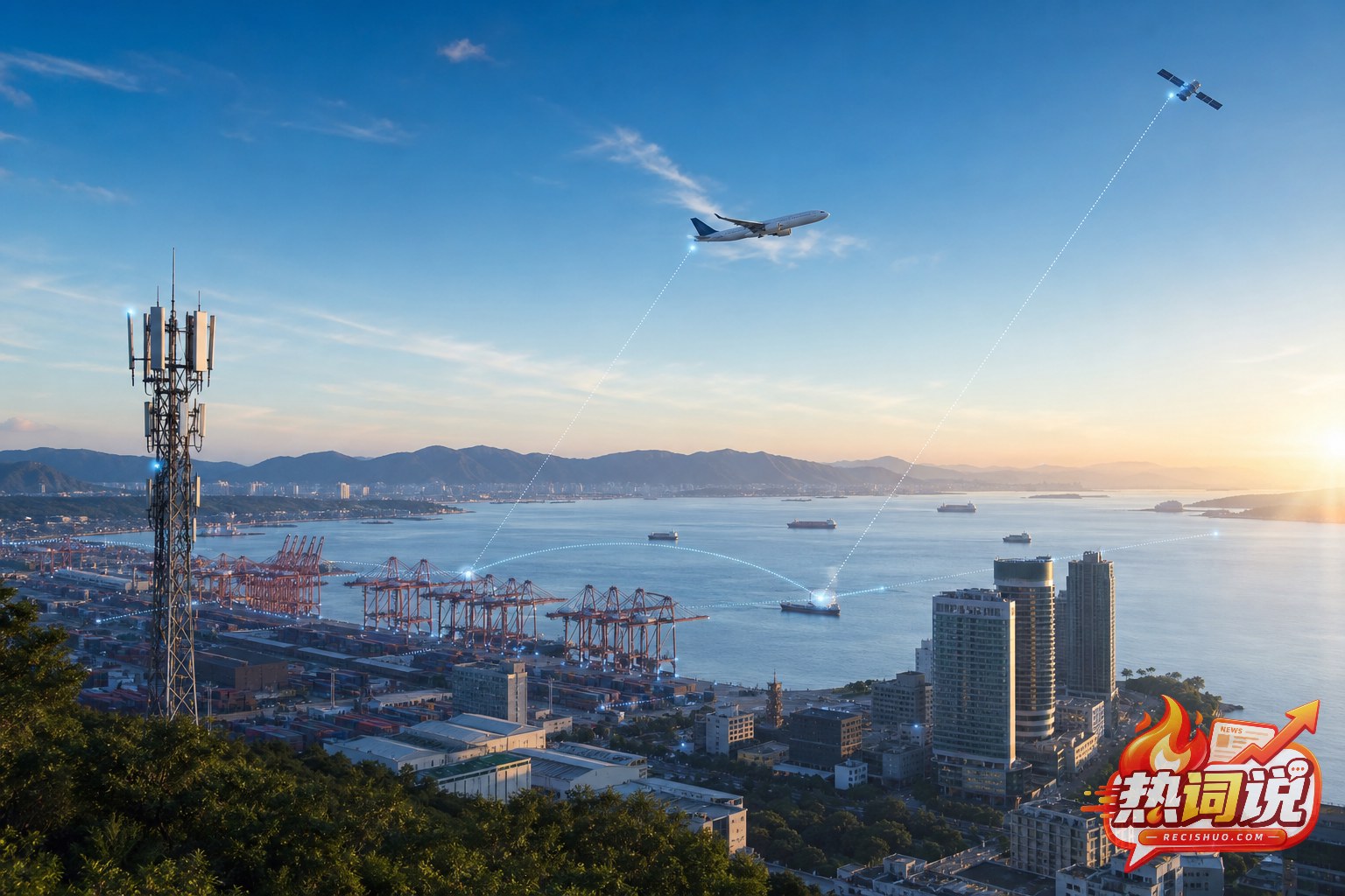 沿海城市、港口、通信基站、飞机与卫星共同构成的空天地海通信网络场景