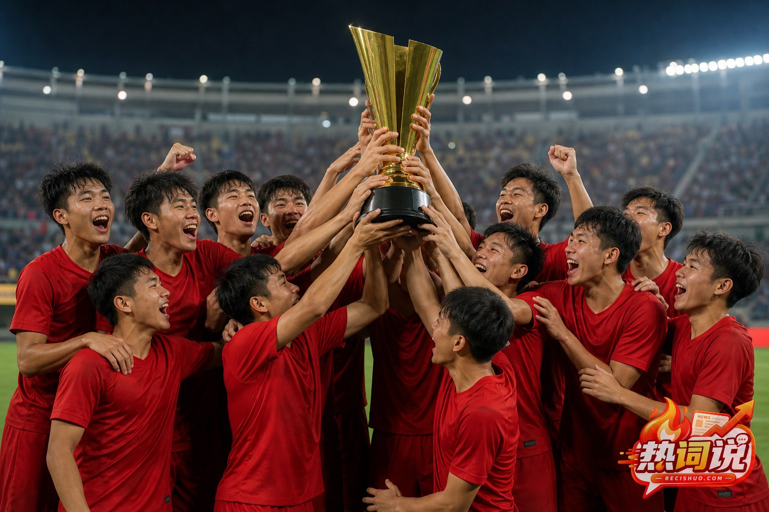 中国青年男子足球运动员在体育场共同举起金色奖杯
