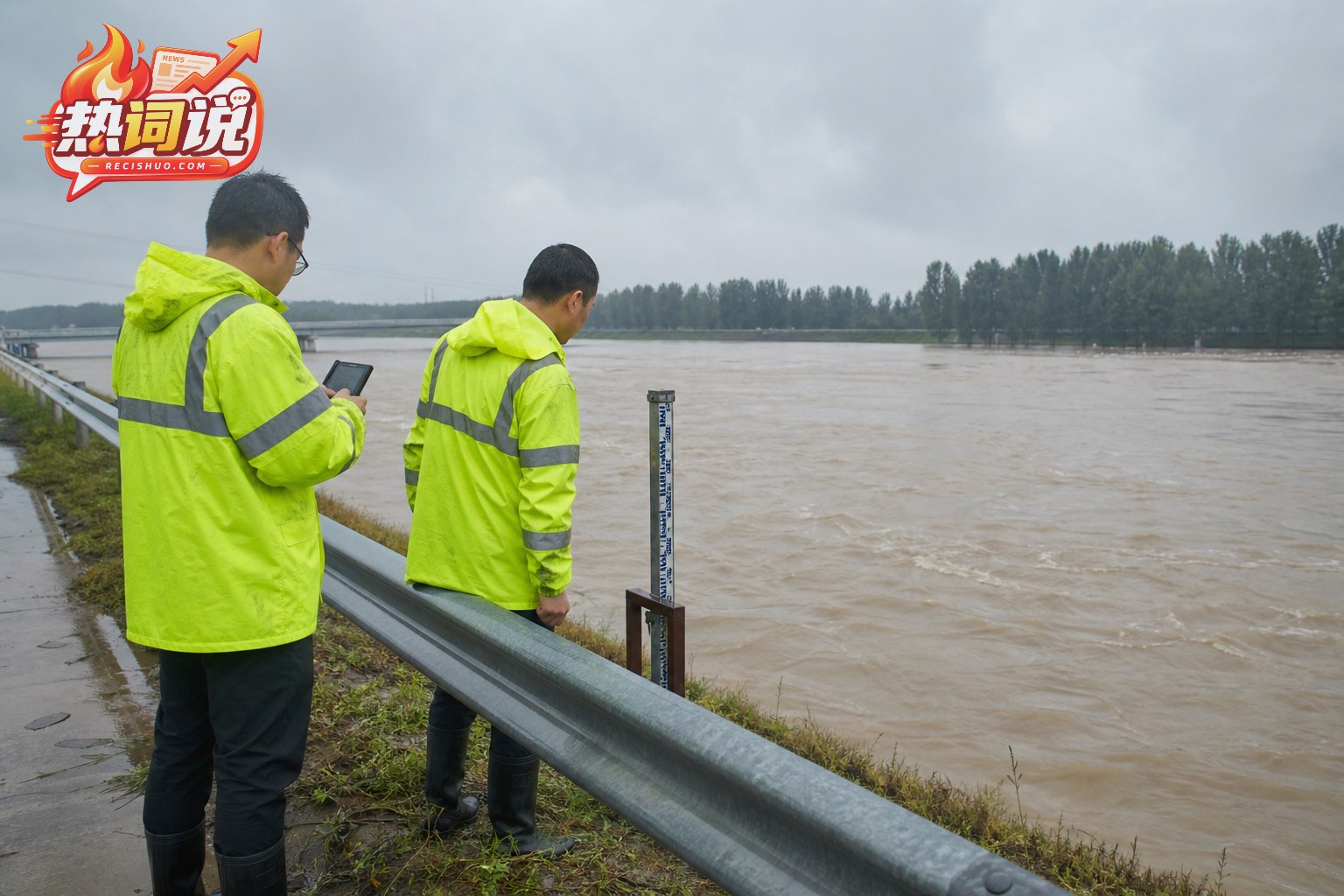 河道巡查人员在安全护栏后记录上涨水位