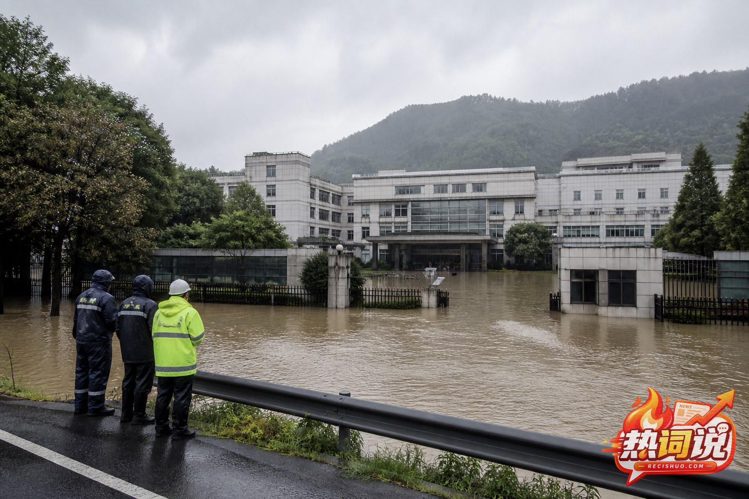 强降雨后救援人员在安全区域查看被洪水围困的医院院区