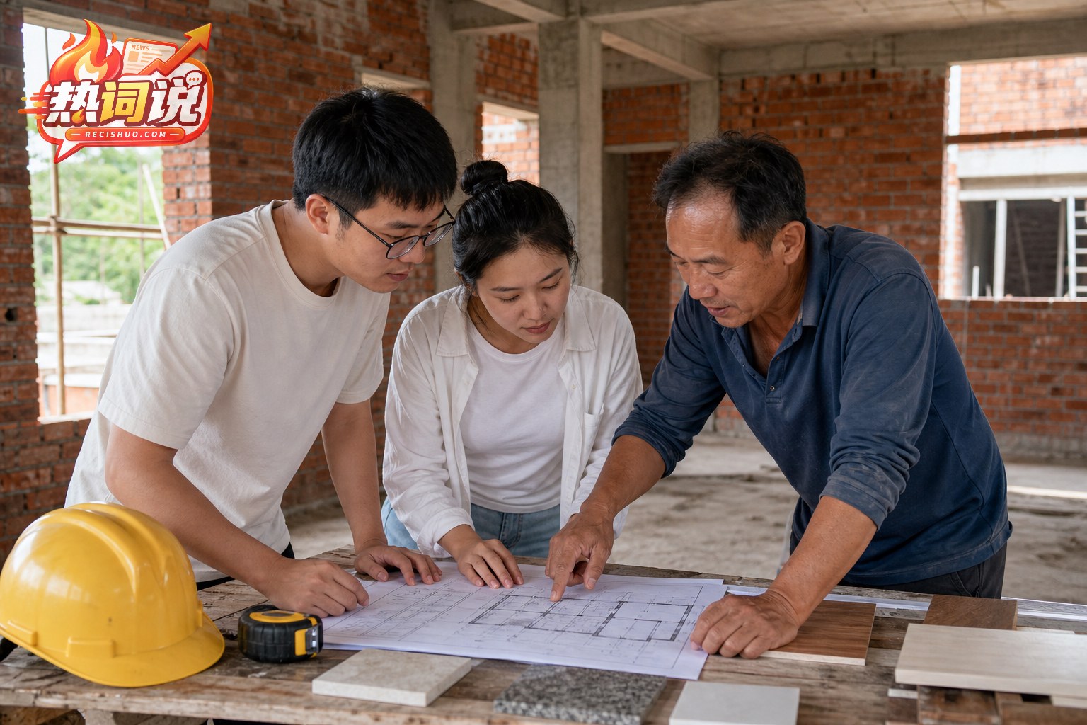 年轻业主在自建房施工现场与负责人核对图纸和材料