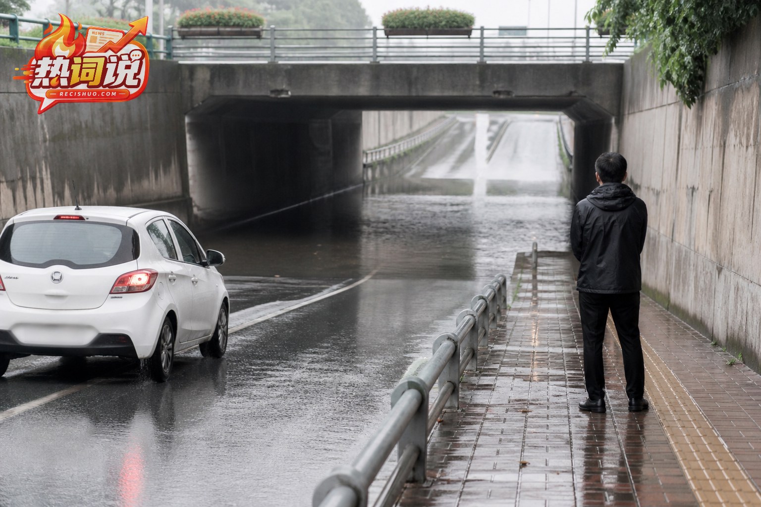 暴雨期间行人和车辆停在积水下穿通道前观察并绕行