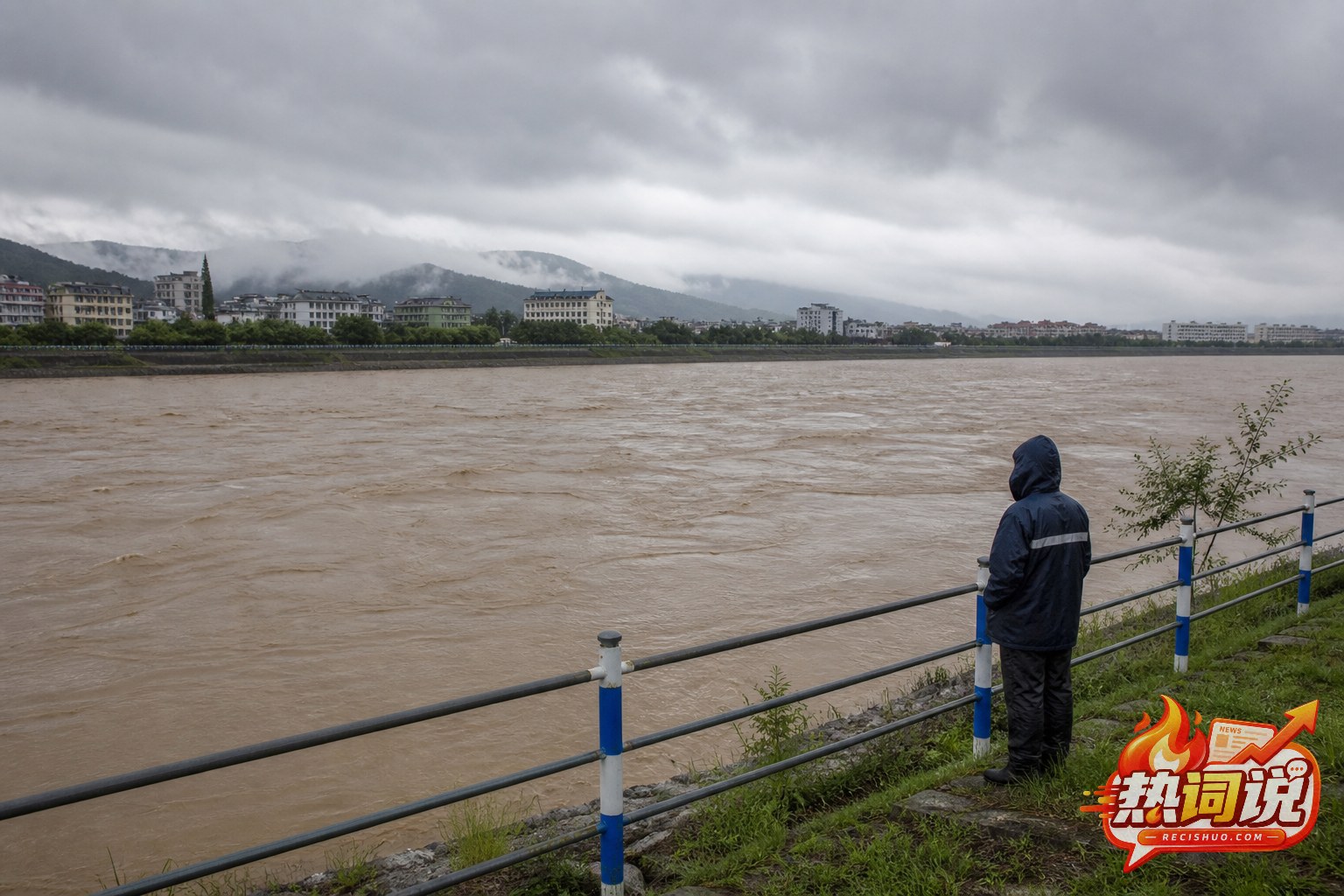 阴雨天气下工作人员在安全护栏后观察水位上涨的河流