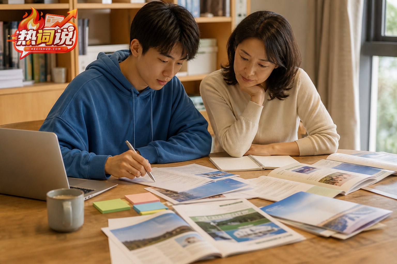 考生与家长在书房共同比较大学资料和培养方向
