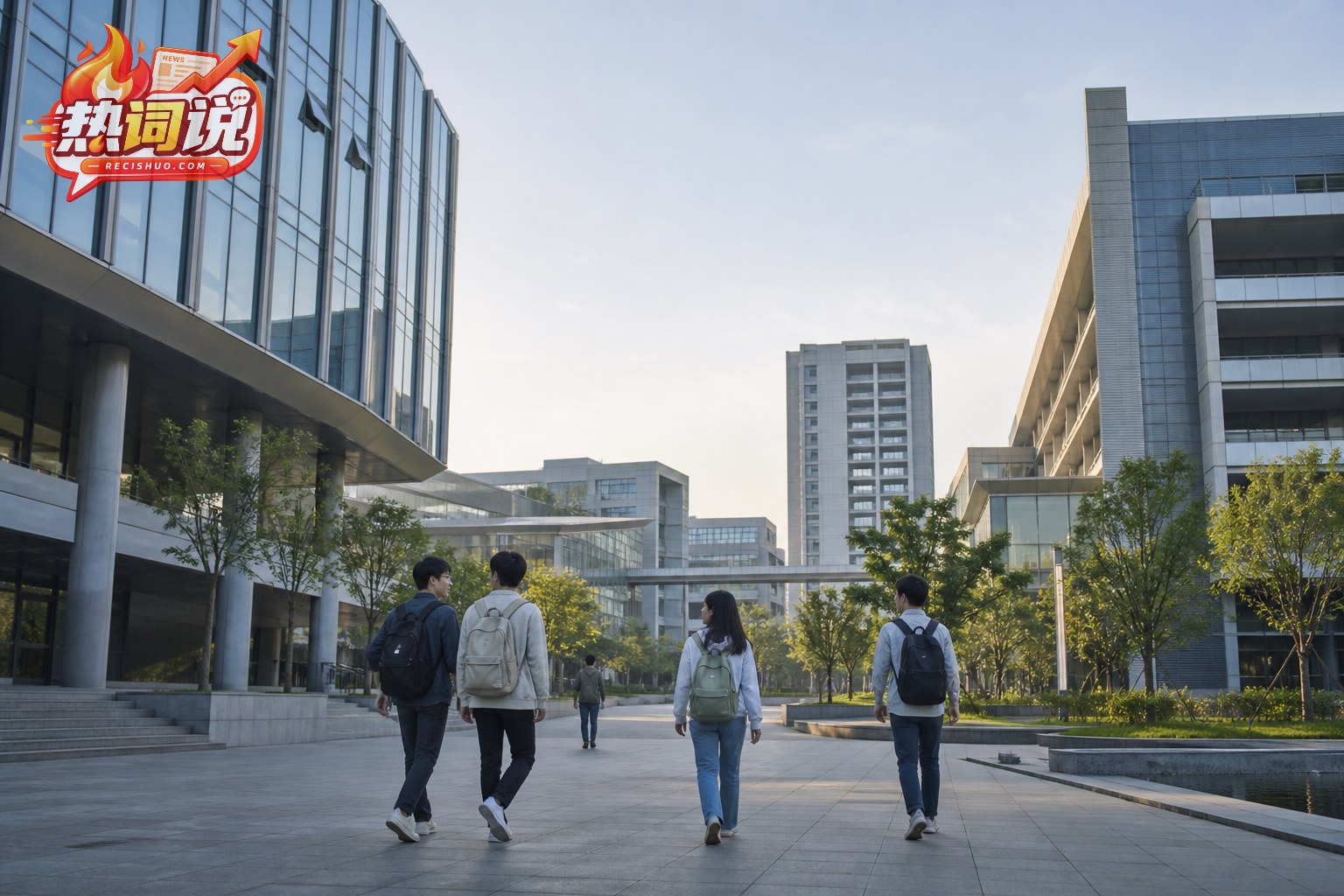 清晨阳光下学生走过现代研究型大学校园