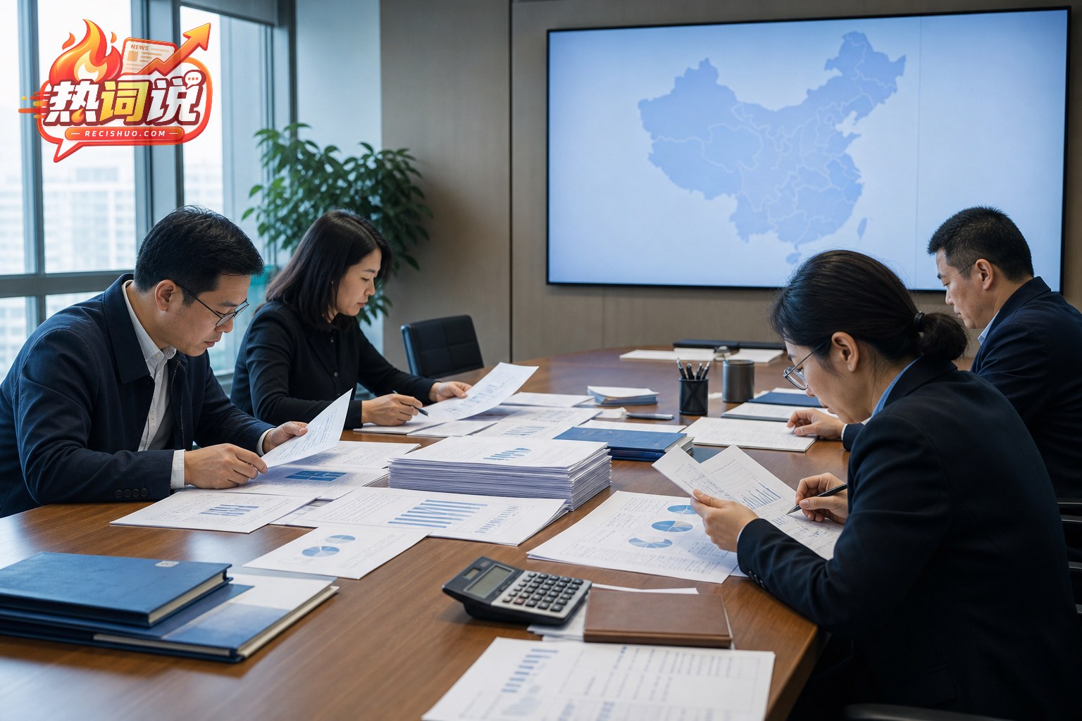 财政工作人员在会议室共同审核地方财政报表与区域数据