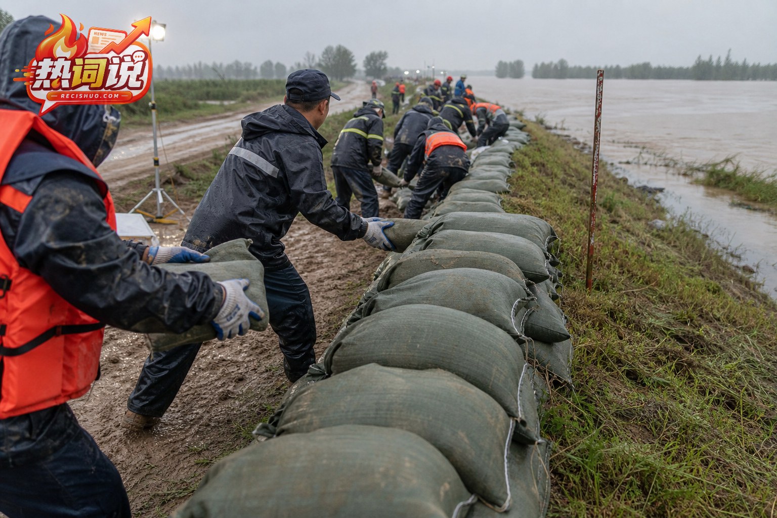 降雨天气中抢险人员沿河堤接力铺设防汛沙袋