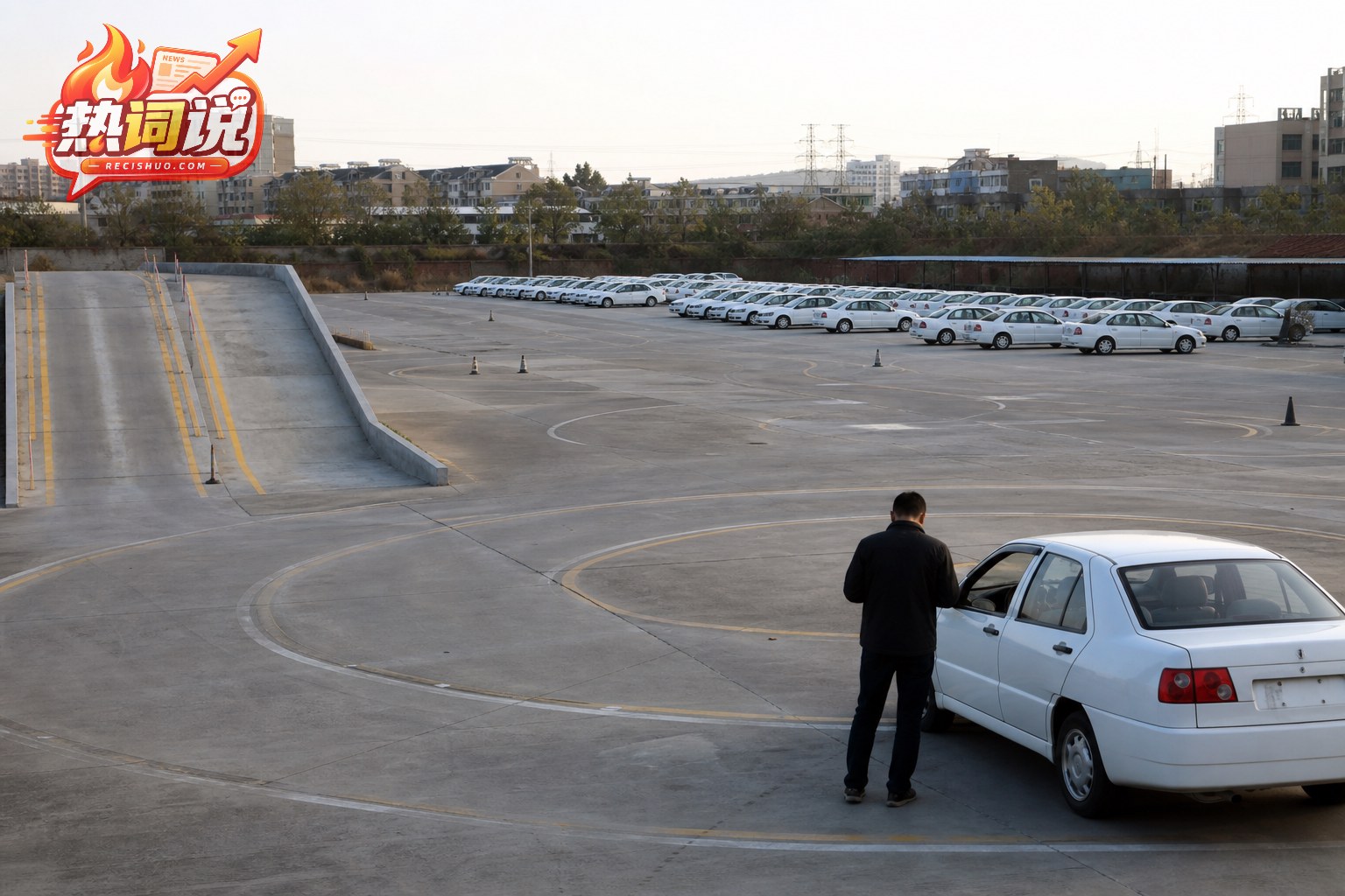 大面积闲置训练场内停着成排教练车,一名教练在场边检查车辆