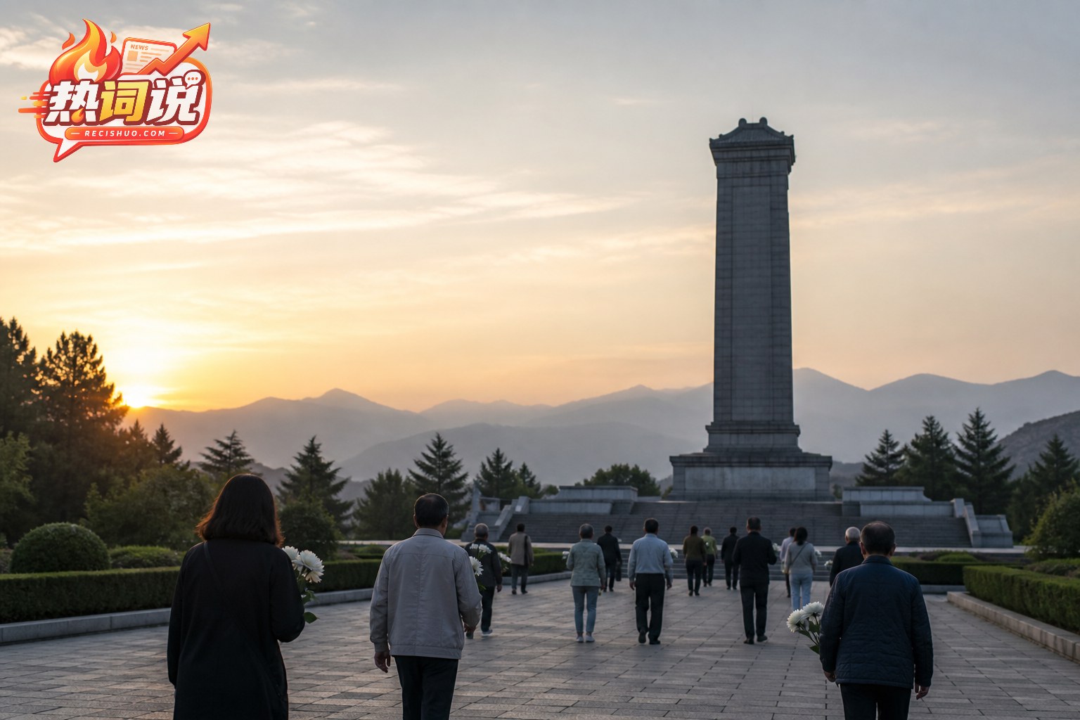 晨光中的抗战纪念广场上,民众手持白花走向纪念碑