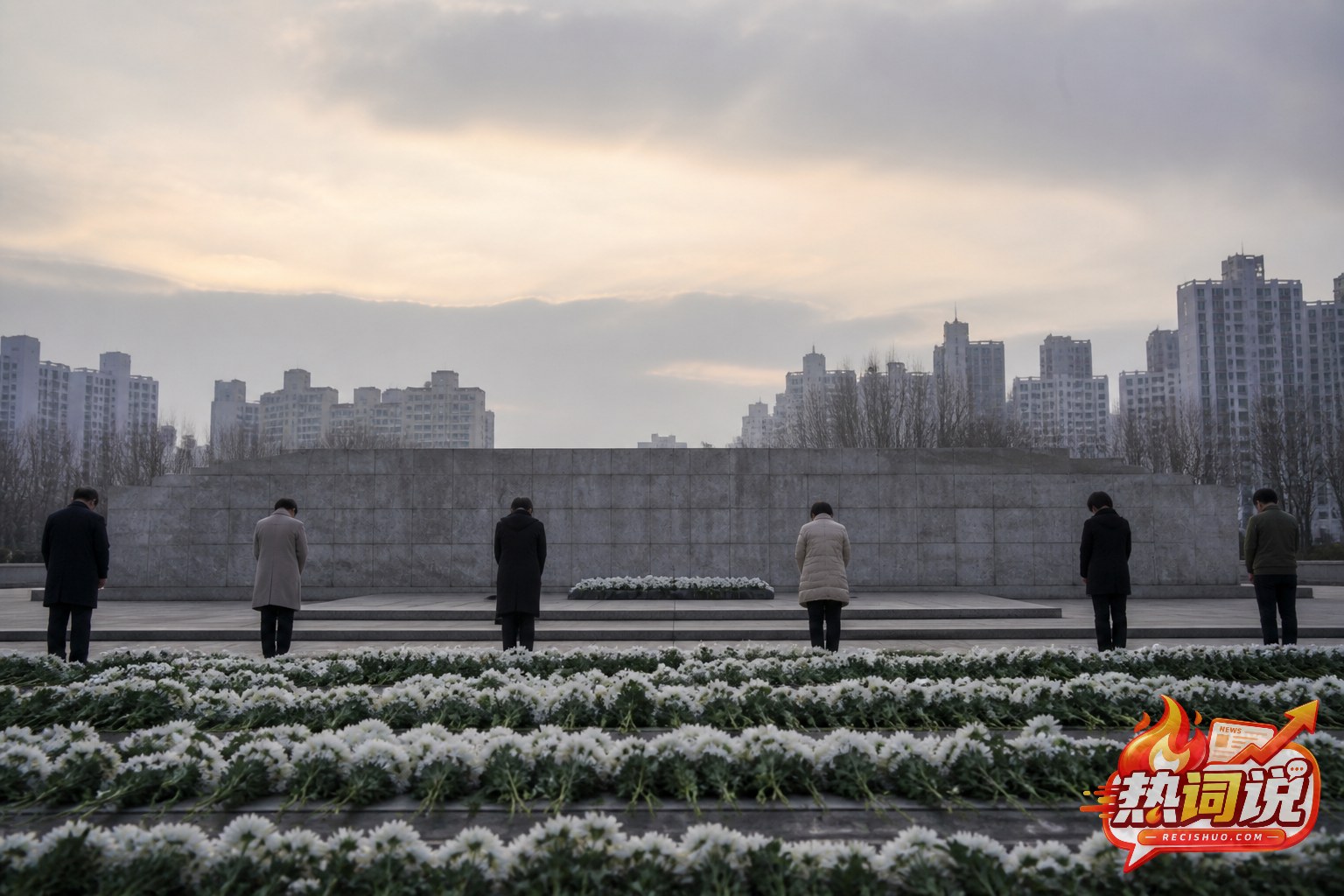 民众在摆满白花的纪念广场低头悼念战争遇难者