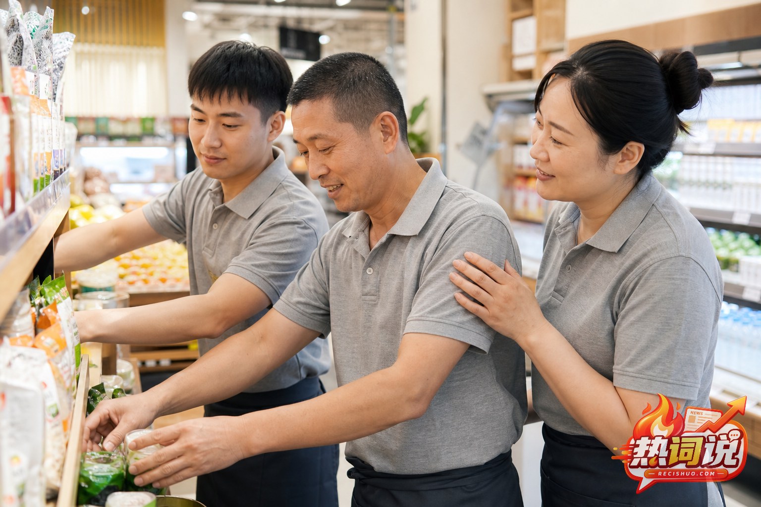 三名无标识工装员工在明亮超市内协作整理商品