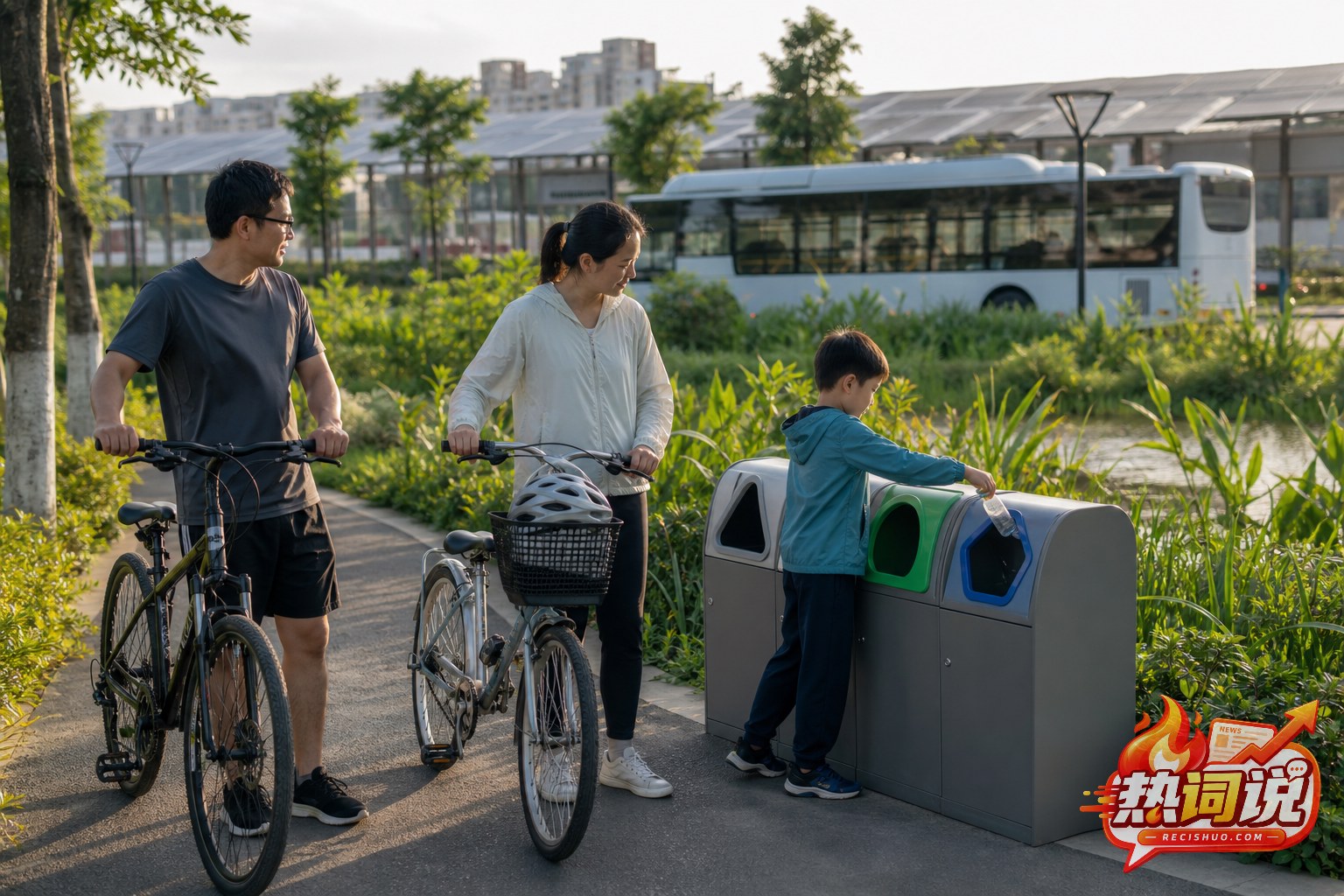 一家人在城市绿色步道骑行并进行垃圾分类