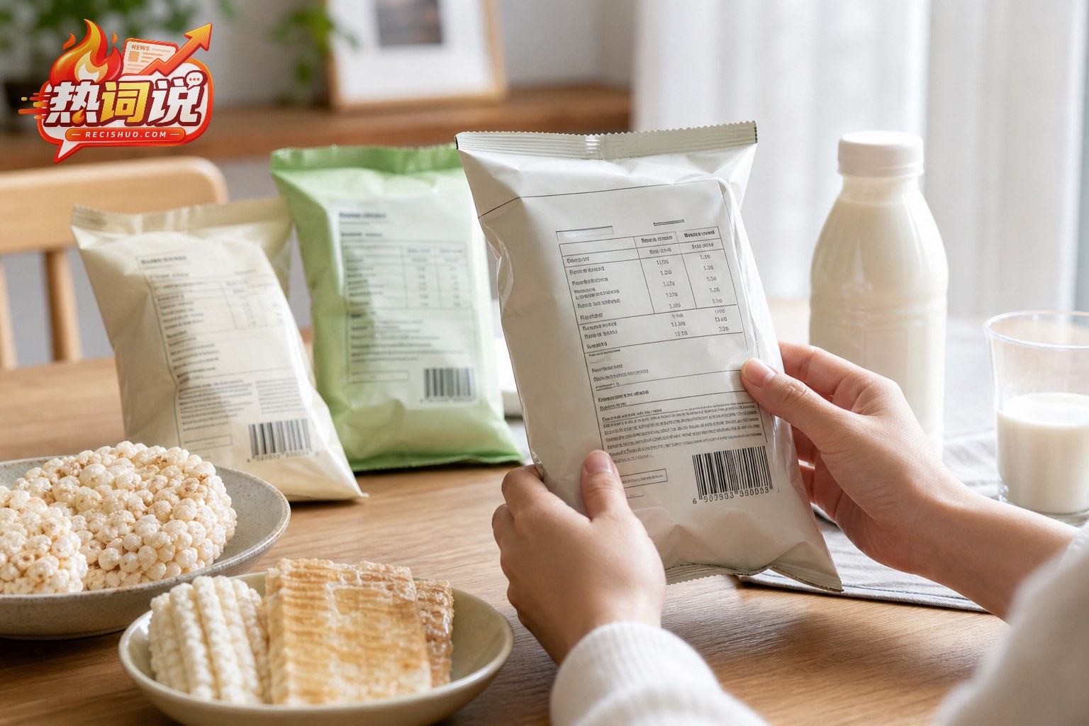 消费者在家庭餐桌上查看无品牌米果包装营养信息