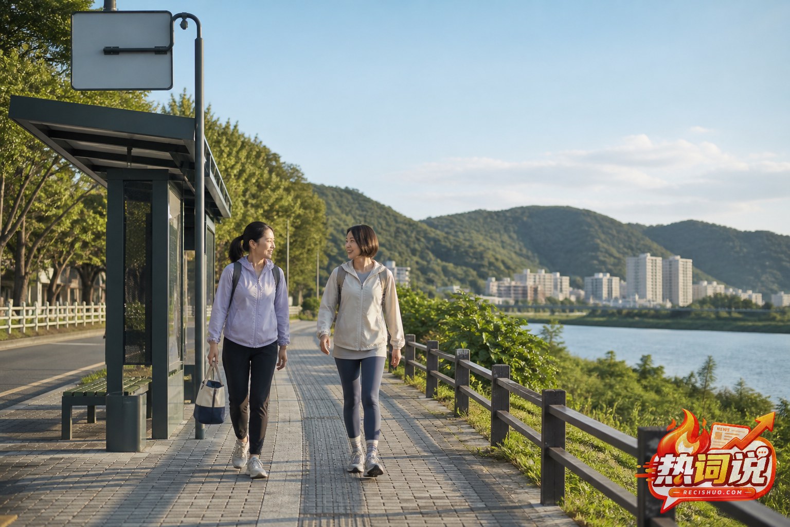 两名游客从公交站步行前往城市近郊的河畔绿道
