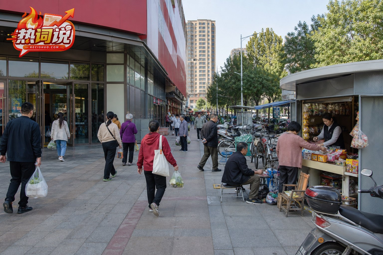 大型商场与周边小店之间人流往来的城市商业街景