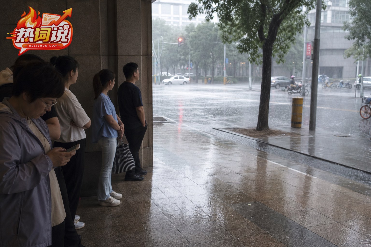市民在建筑物入口内躲避强降雨并查看天气信息