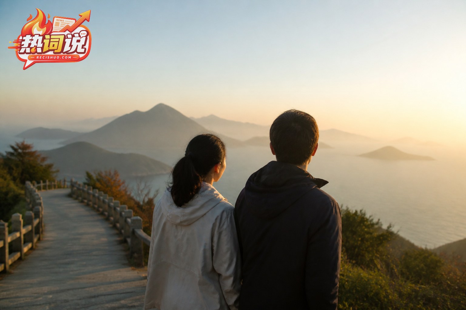 两位同行者在清晨的山海观景台并肩眺望远方