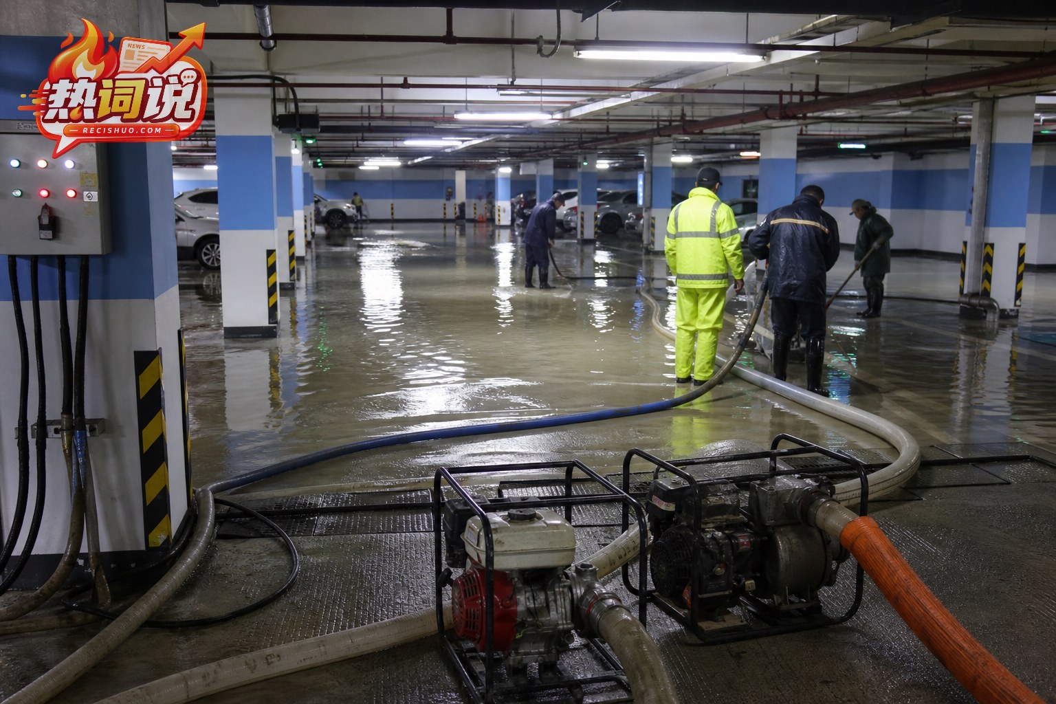 地下车库积水下降后工作人员使用水泵和排水管进行抽排作业