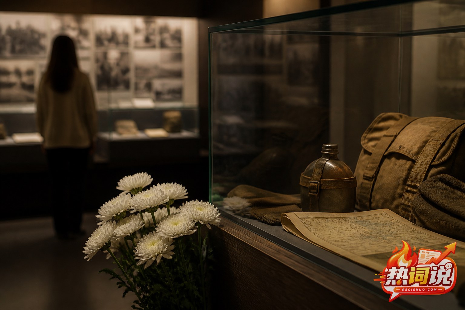纪念馆展柜中的旧水壶背包地图与白色鲜花