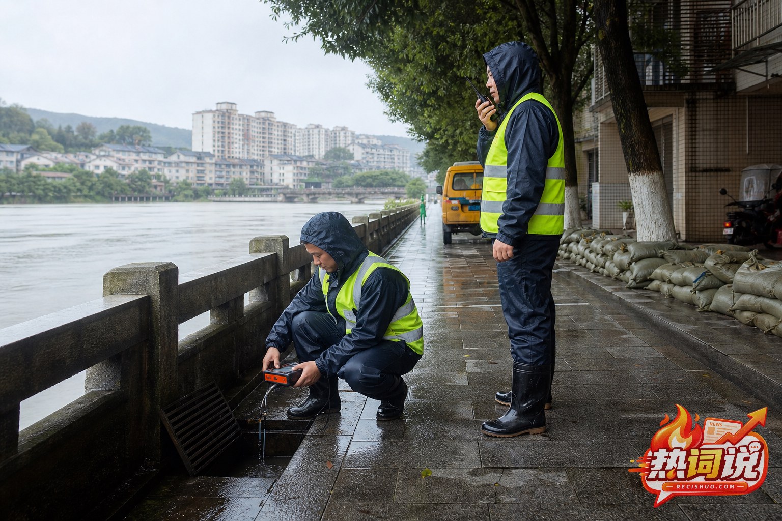 基层应急人员在雨后巡查河道水情和沿岸排水设施
