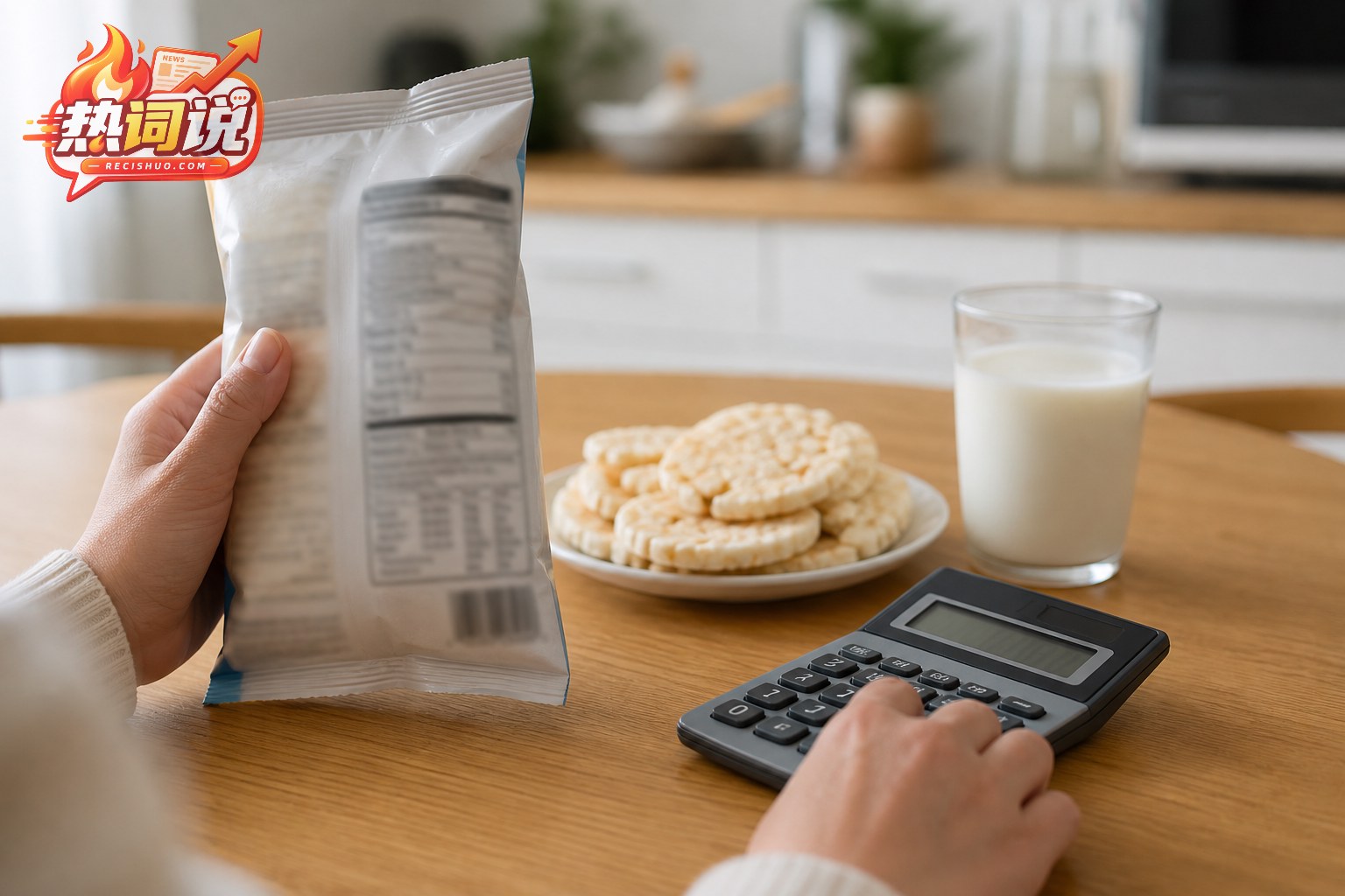 消费者在家查看零食包装营养信息并用计算器核算食用量
