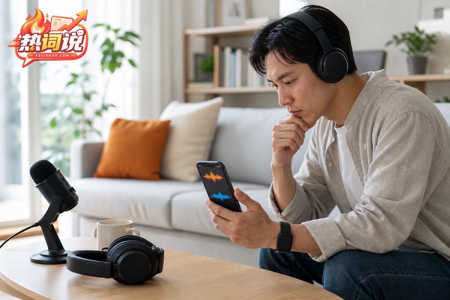 用户佩戴耳机对比试听手机中两条不同颜色的音频波形
