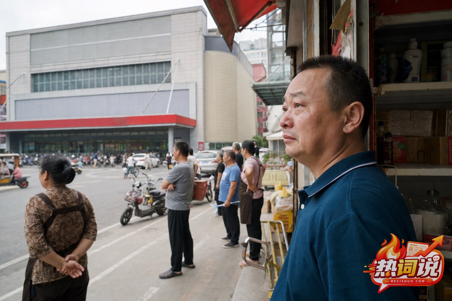 许昌一处大型商场附近的商户站在店门前,神情不舍地望向街对面的商场