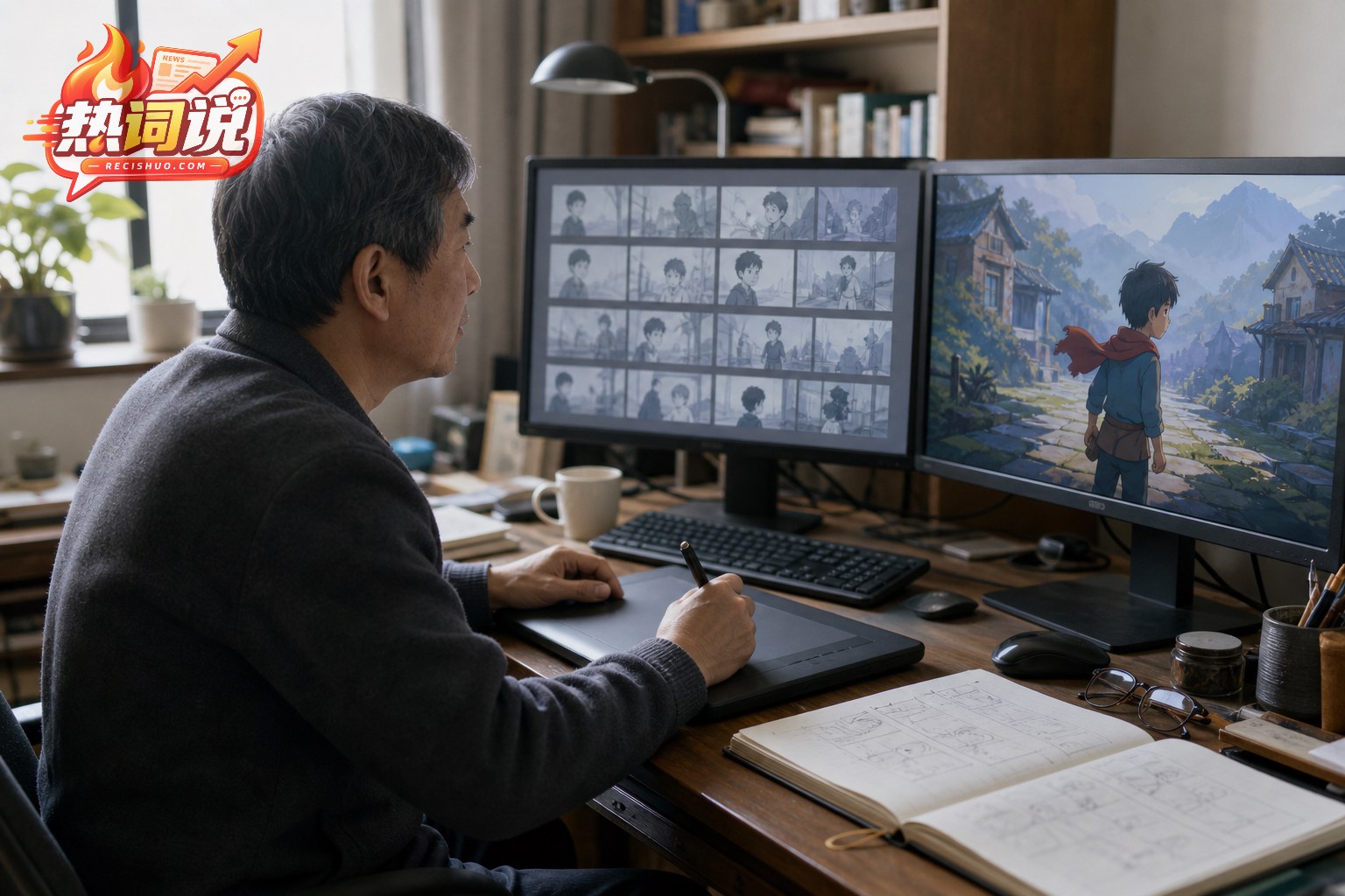 一位约60岁的创作者在家中工作台前查看动画分镜与成片画面