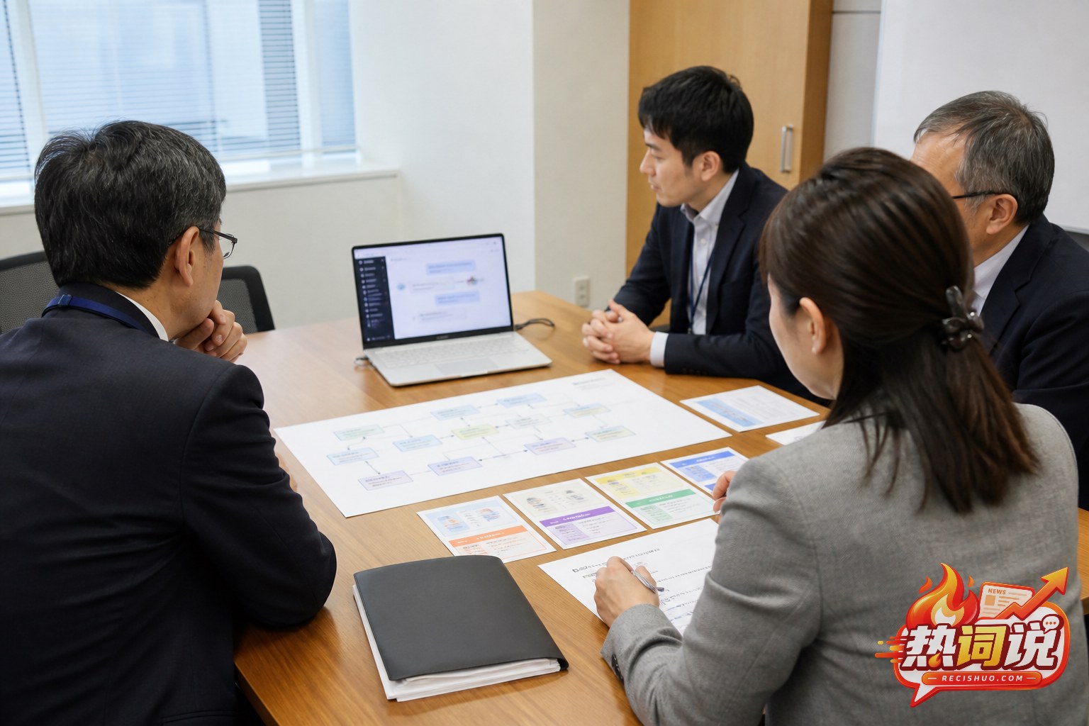 日本公共部门工作人员在会议室评估生成式AI办公系统