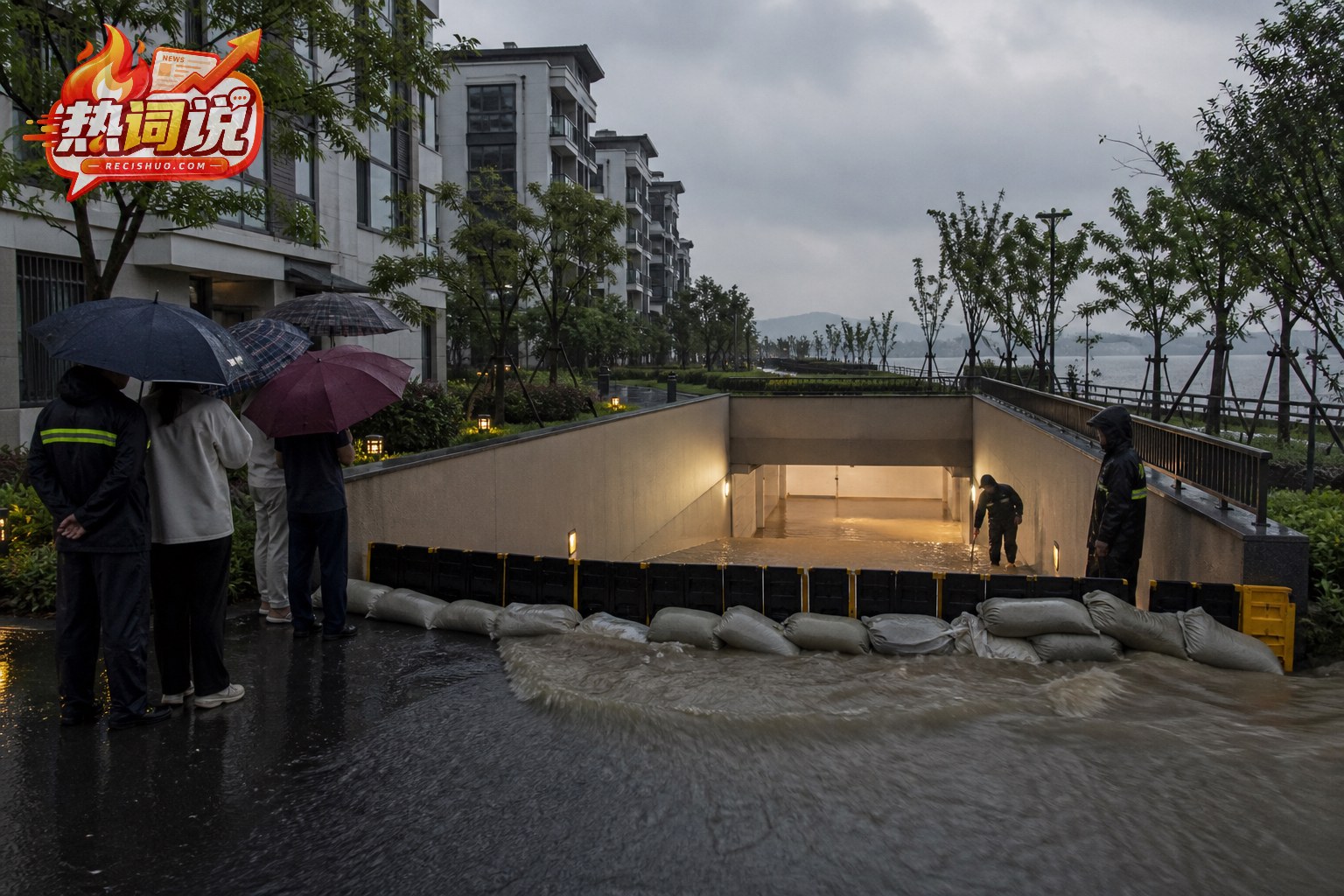苏州太湖旁住宅小区暴雨中用沙袋和挡水板防护地下车库入口