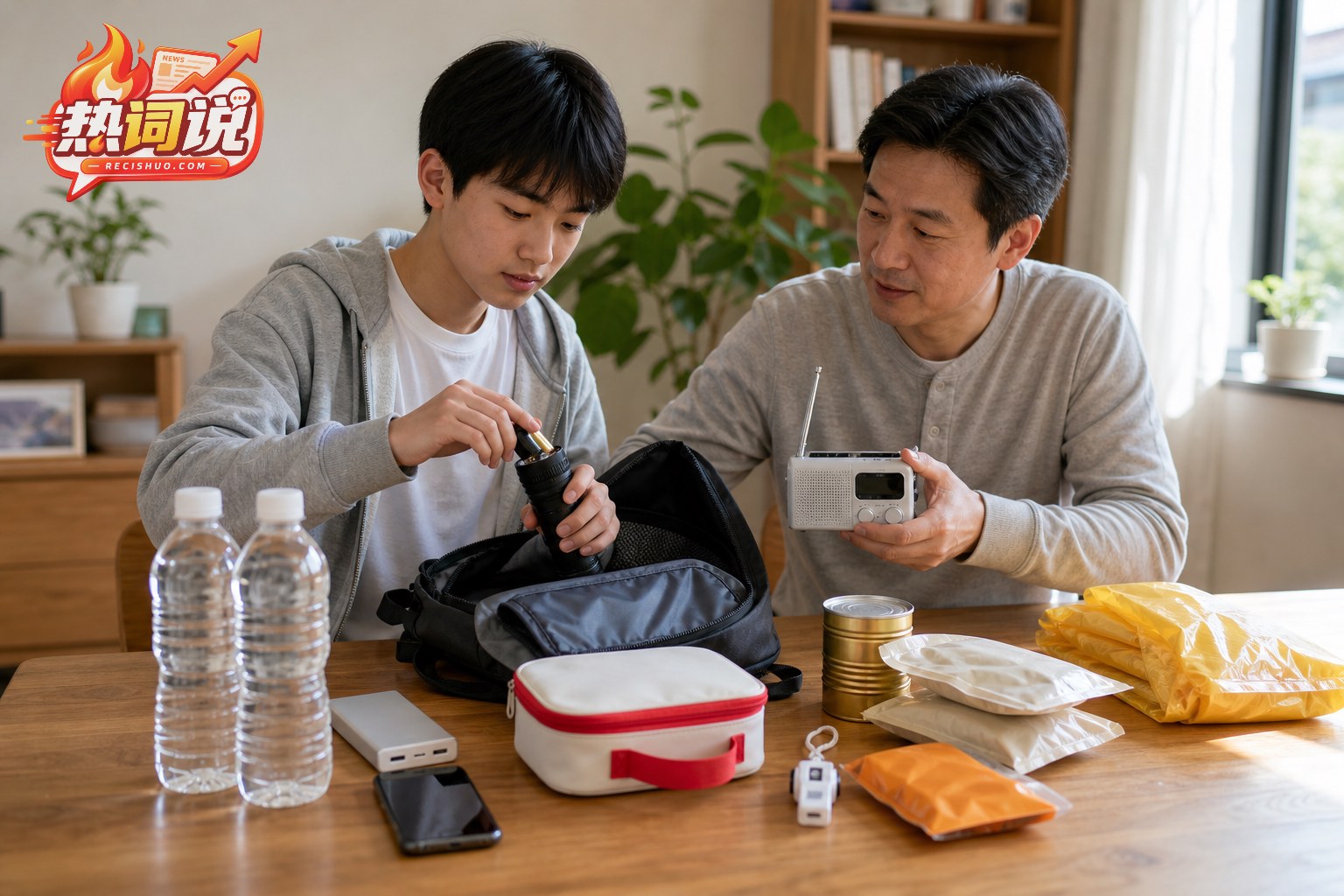 家长与孩子共同整理家庭应急物资