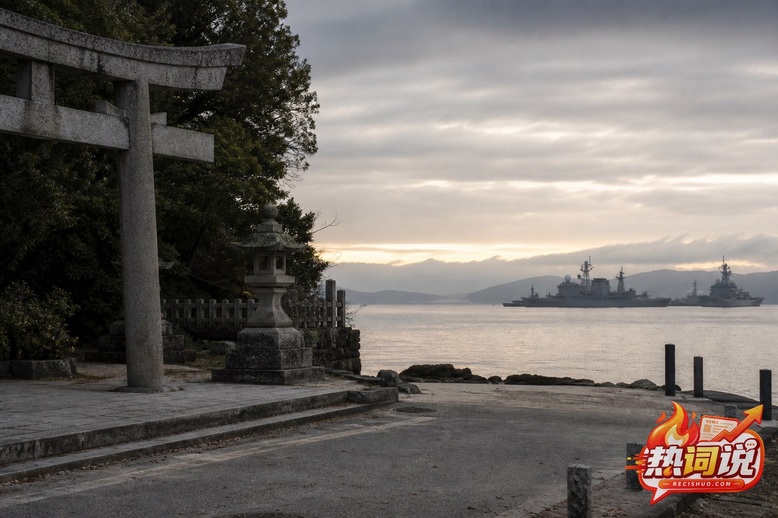 阴云下的日本神社石制鸟居与远处现代军舰形成对照