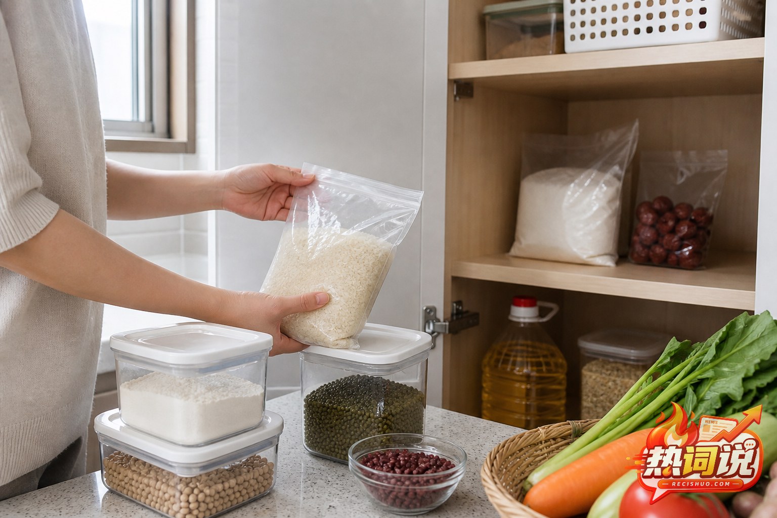居民在厨房中整理适量米面豆类和食用油