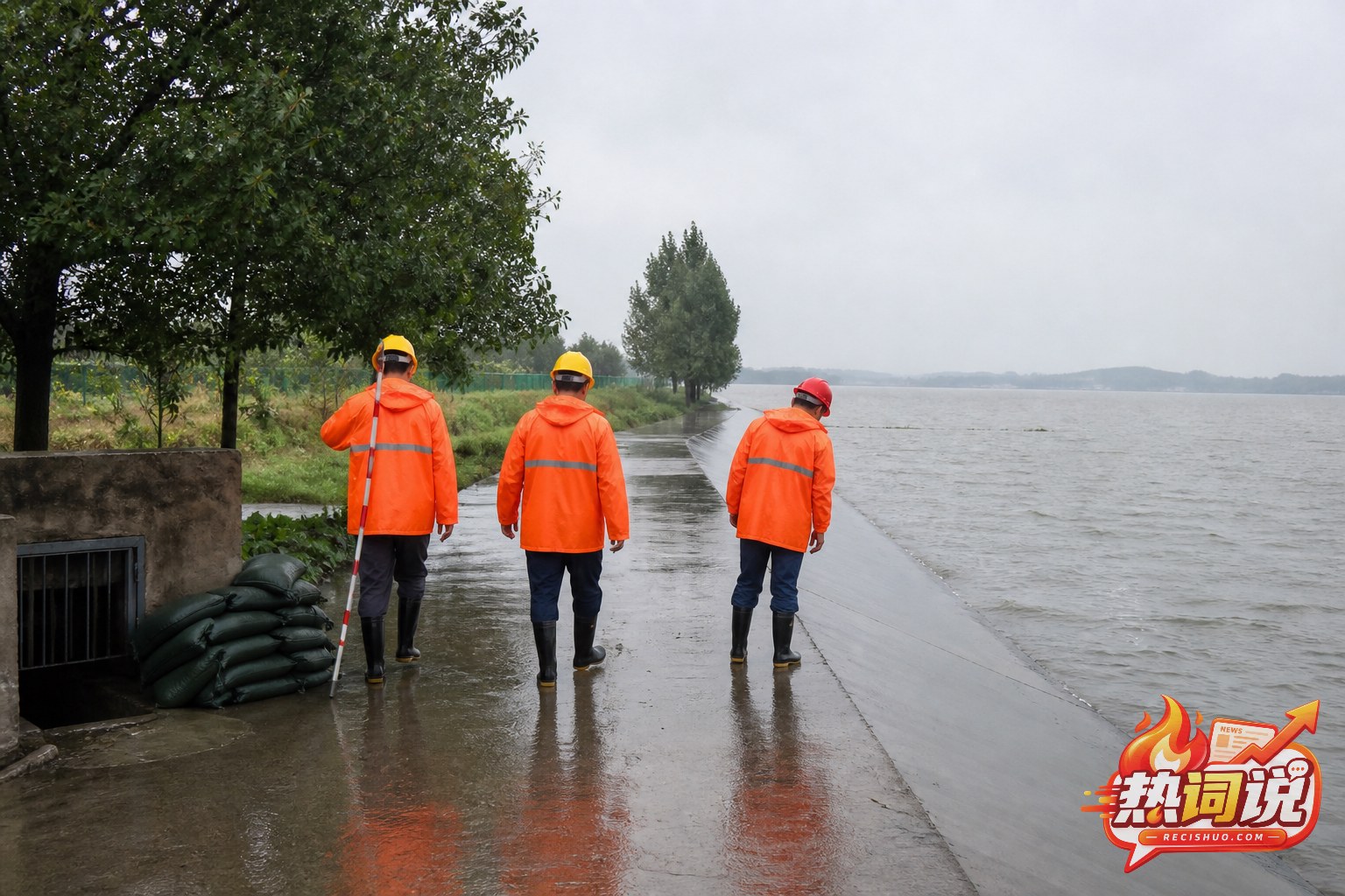 防汛人员冒雨巡查太湖沿岸堤防和高水位区域