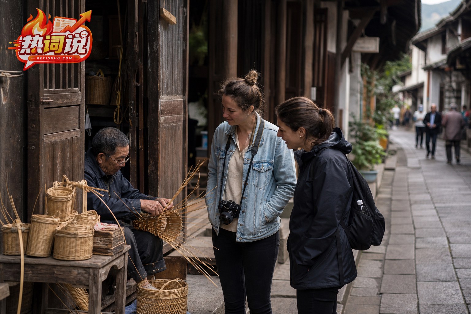 外国游客在中国传统街区观看当地手艺人编织竹器
