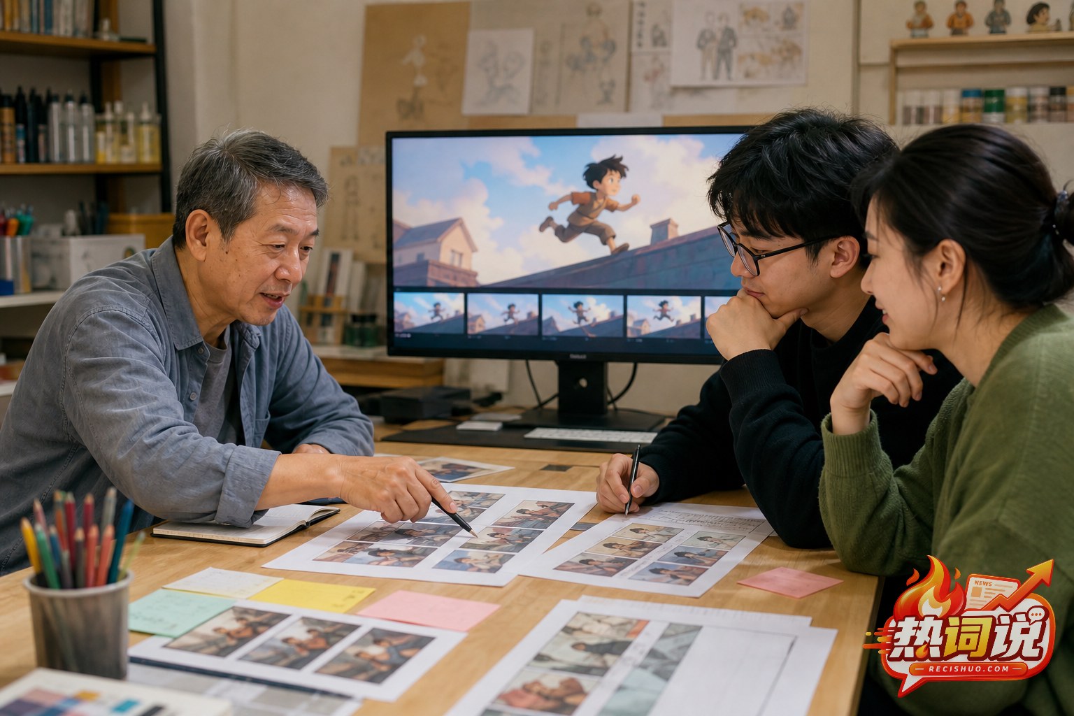 年长创作者与两位年轻伙伴在工作室共同复盘动画镜头