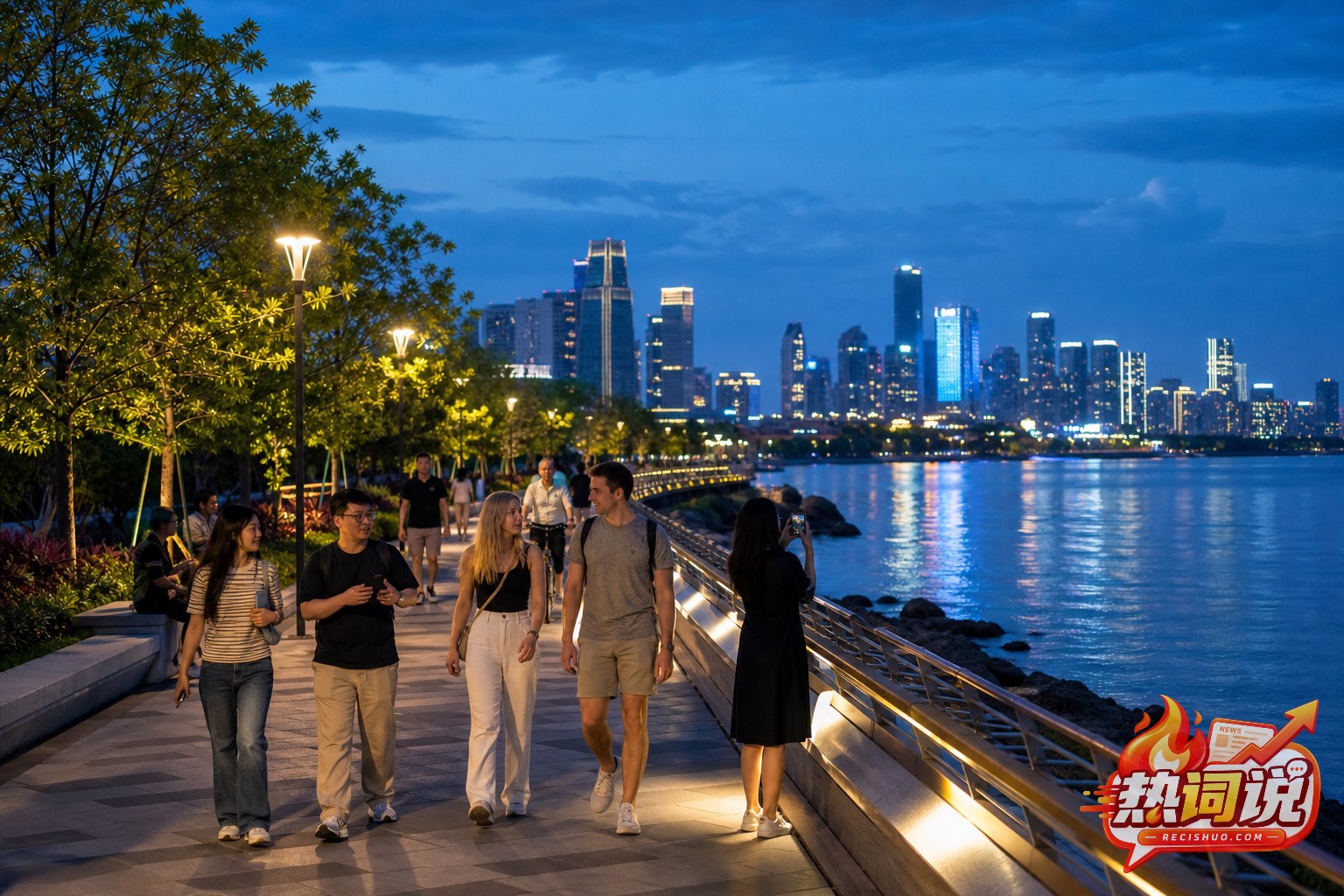 外国游客与当地居民在现代城市滨水步道欣赏夜景