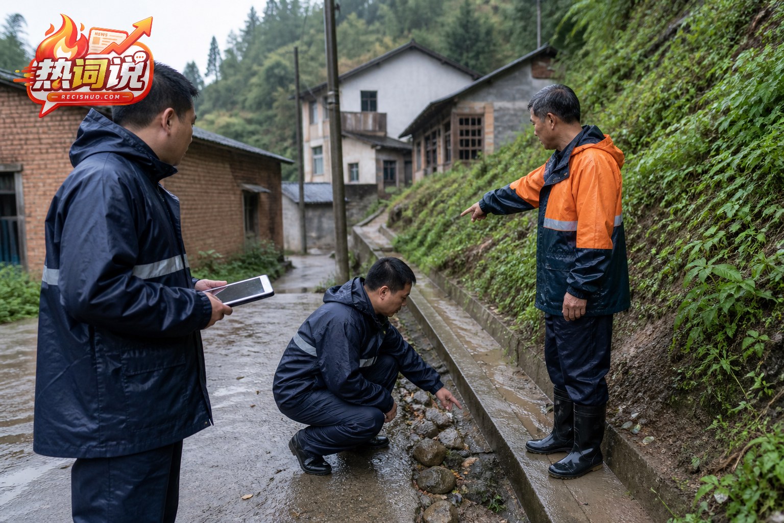 基层工作人员雨后排查山村边坡与排水沟隐患