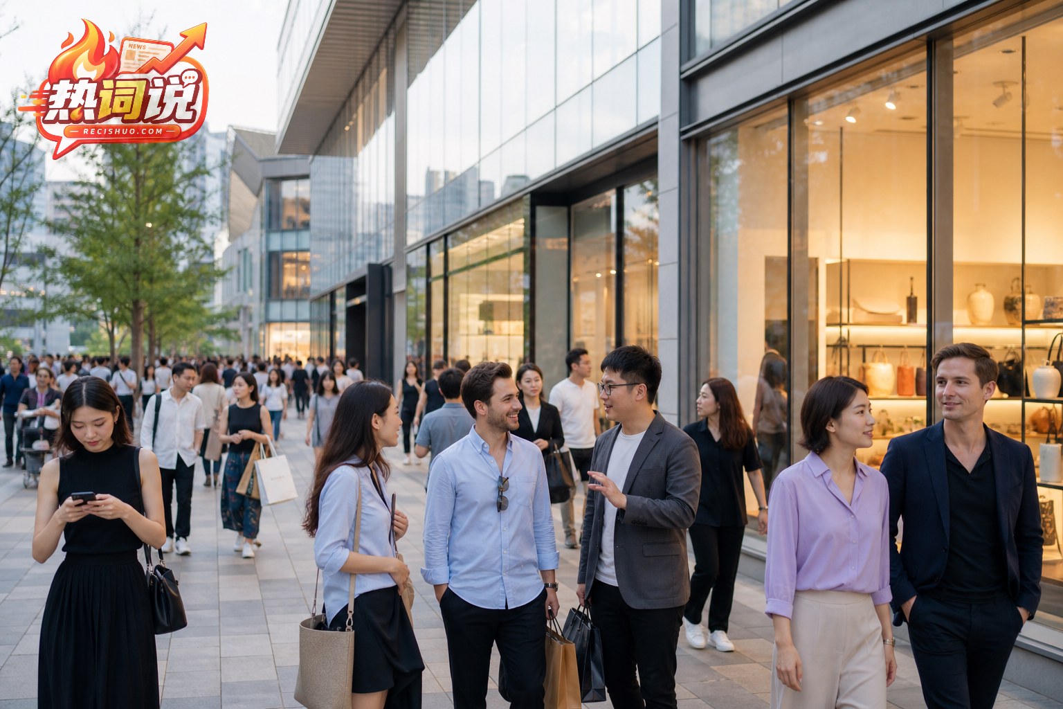 中国城市商业街区内消费者与中外商务人士交流的繁忙景象