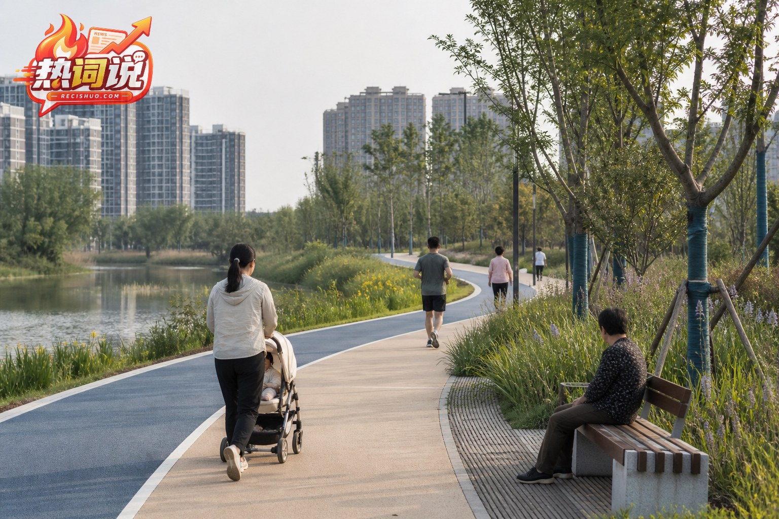 居民在城市滨水公园散步、慢跑和休息的日常场景