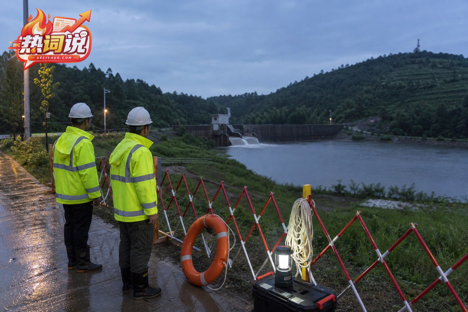 雨后水库开展夜间巡查,岸边设置警戒设施并备有救生装备