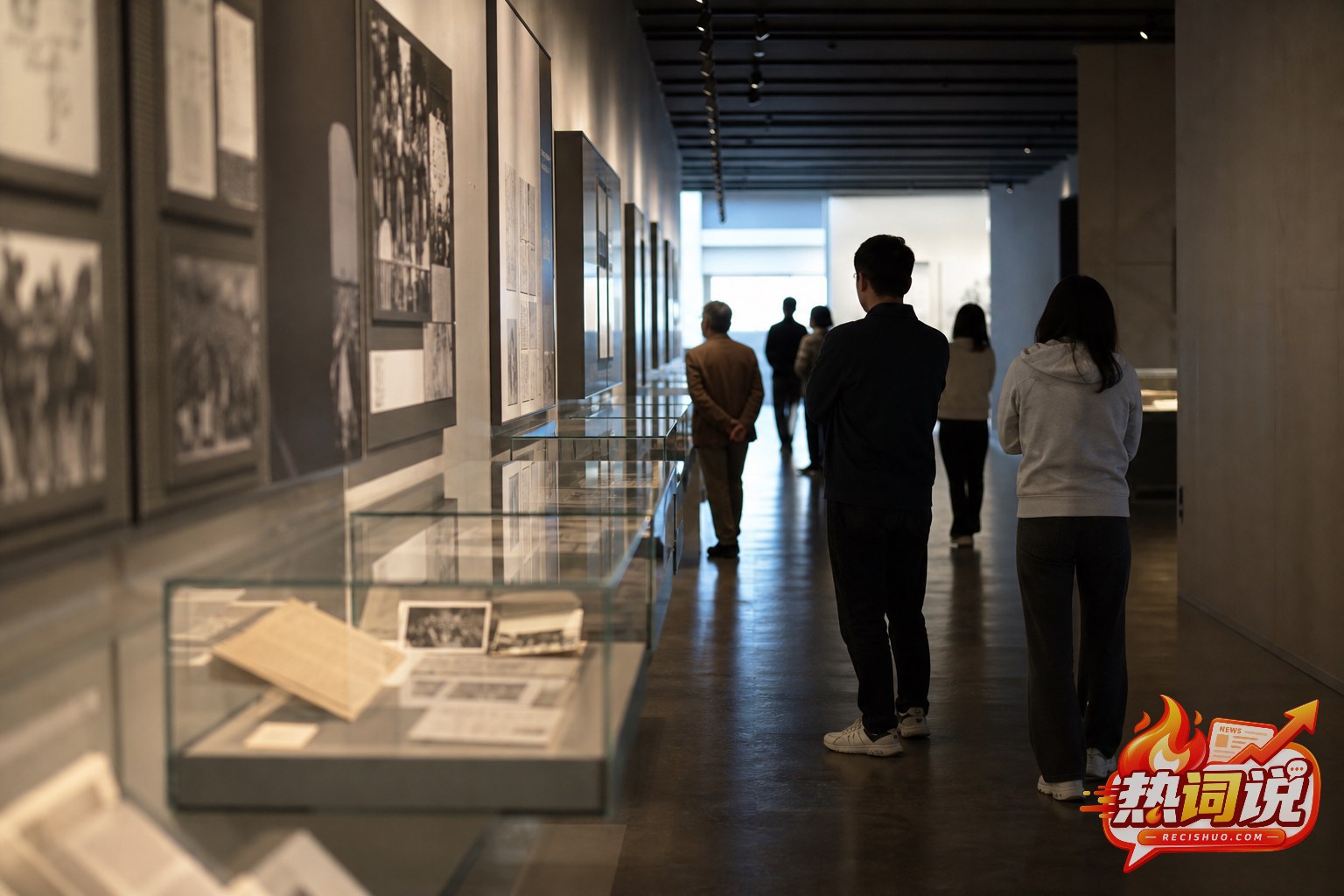 不同年龄的参观者在现代历史展览空间内观看旧照片与档案资料