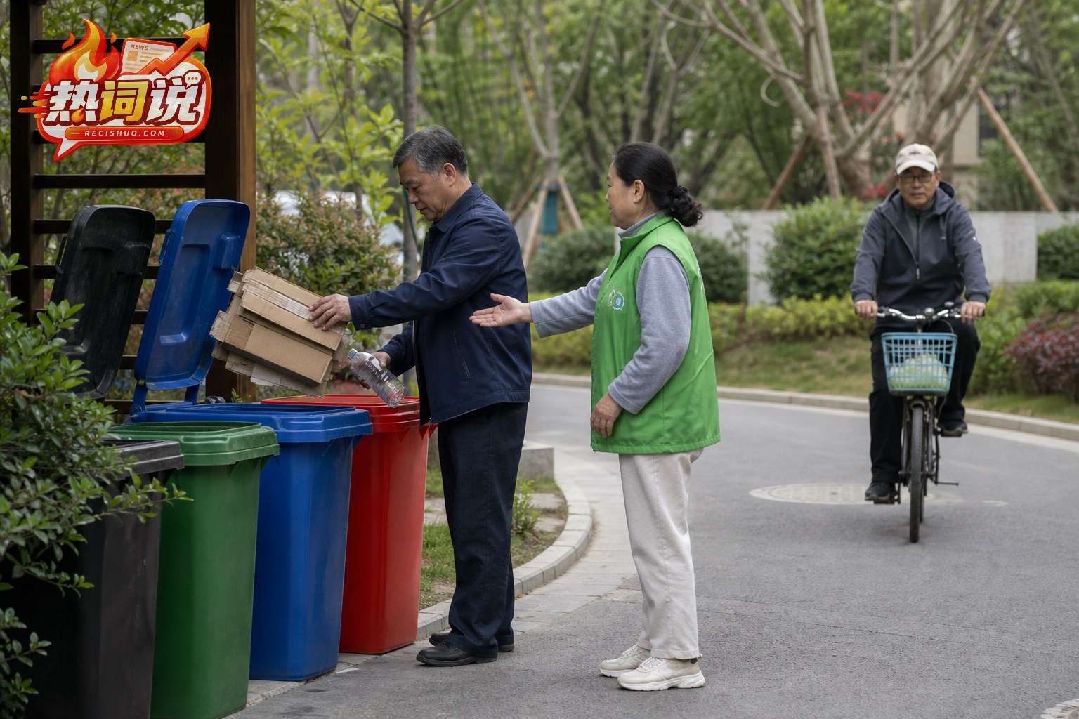 社区居民分类投放可回收物并由志愿者现场引导