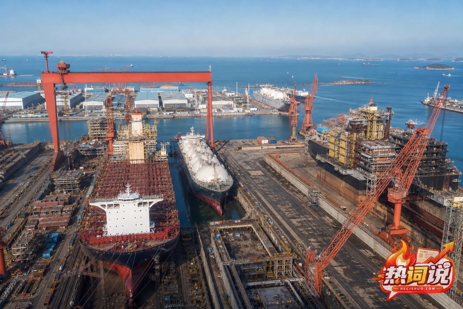 现代化沿海造船基地内大型商船、海工装备、船坞与龙门吊组成的产业集群全景