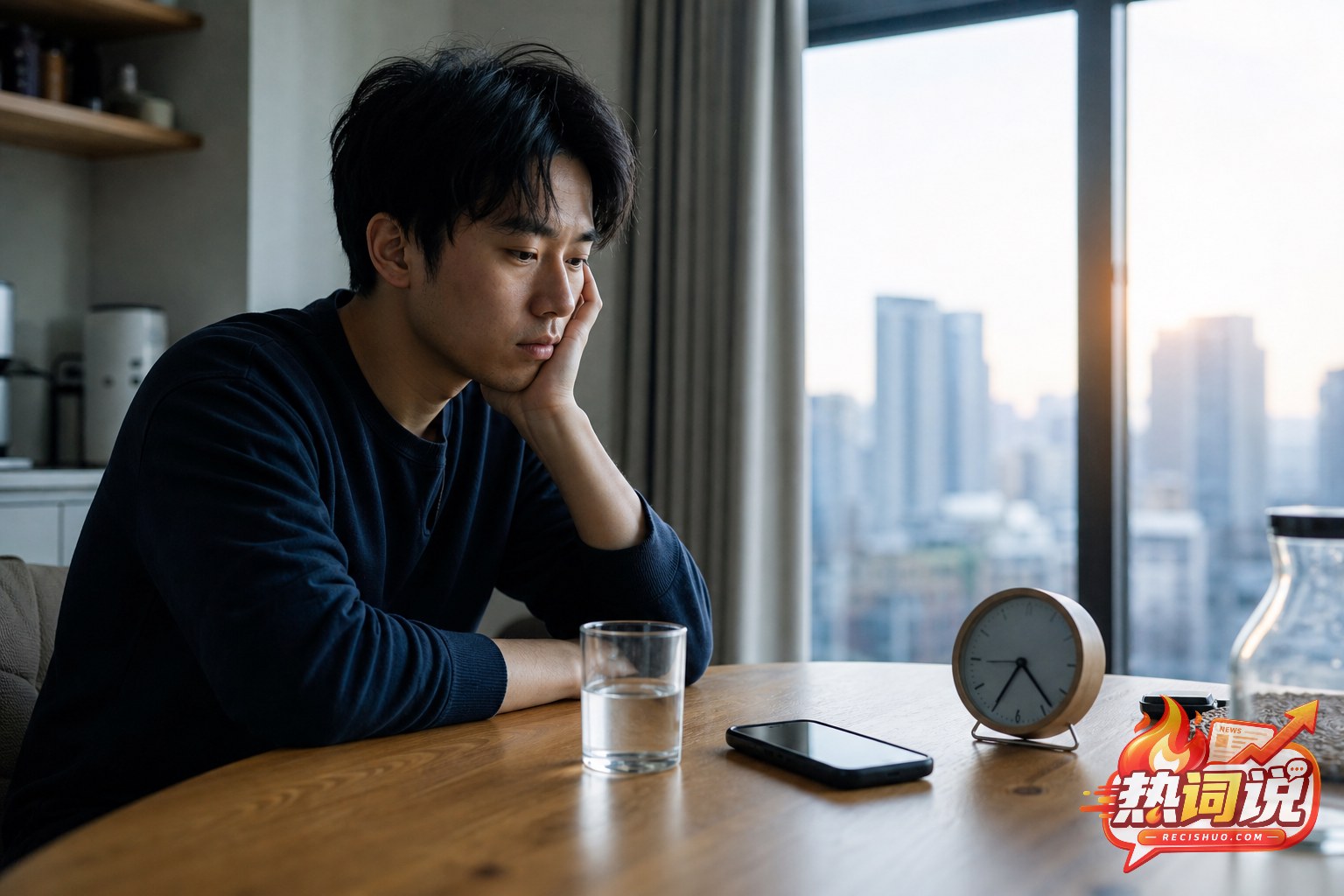 清晨公寓中,一名年轻人坐在餐桌前望向指针钟,呈现被时间催促的疲惫感